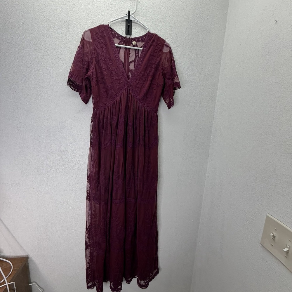 PinkBlush Maternity Maroon Lace Maxi Dress Sheer Floral Overlay Lined Boho Small
